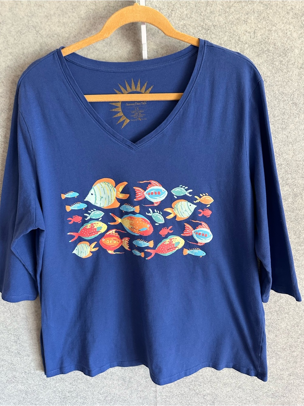 Sun Bay Fish Sunny Day Navy Blue Graphic Tee with Colorful Fish Print